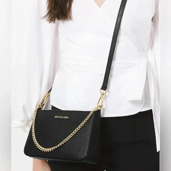 Michael Kors Jet Set Crossbody Bag Medium Saffiano Leather Chain - Black - Picture 4 of 5